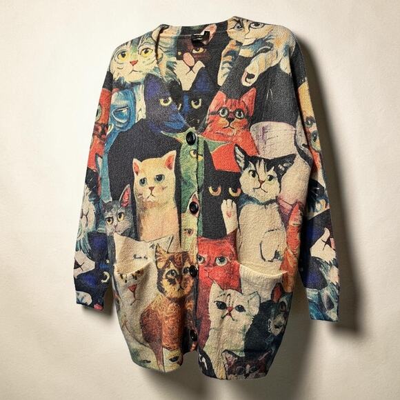 YESNO Sweaters - YESNO Whimsical Cat Collage Knit Cardigan Grandmacore Goblincore Quirky M